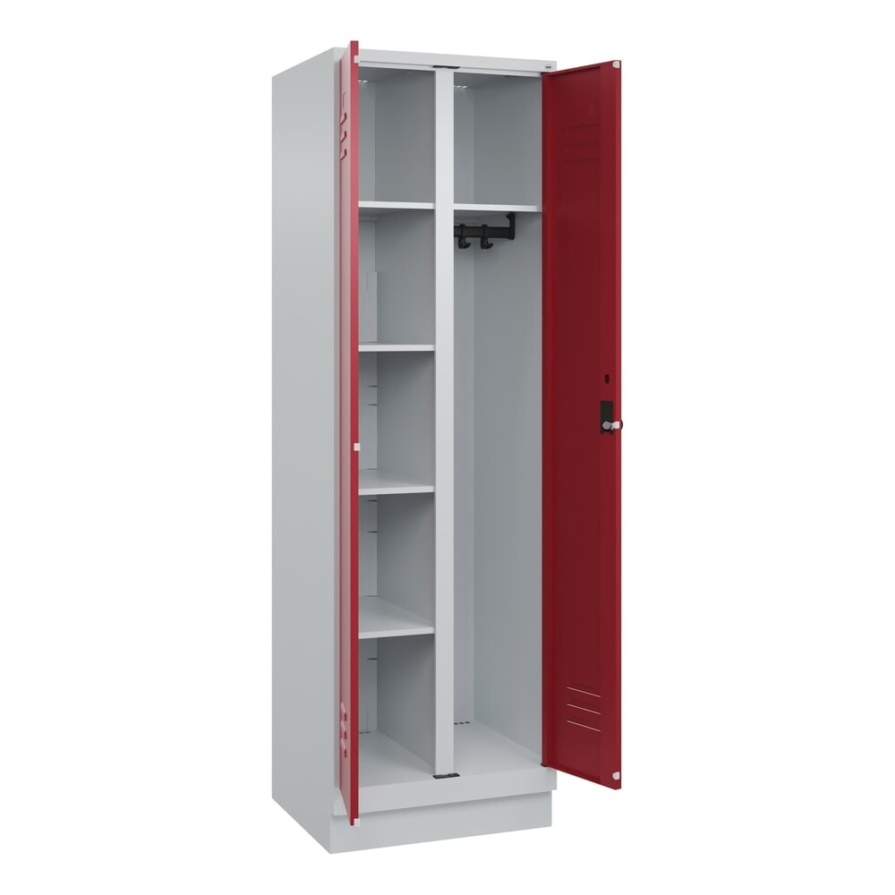 Produktabbildung: C+P Mehrzweck-Putzmittelschrank Classic PLUS, Sockel, 2 Abteile, HxBxT 1.950 x 600 x 500 mm, lichtgrau, rubinrot, für Vorhängeschloss