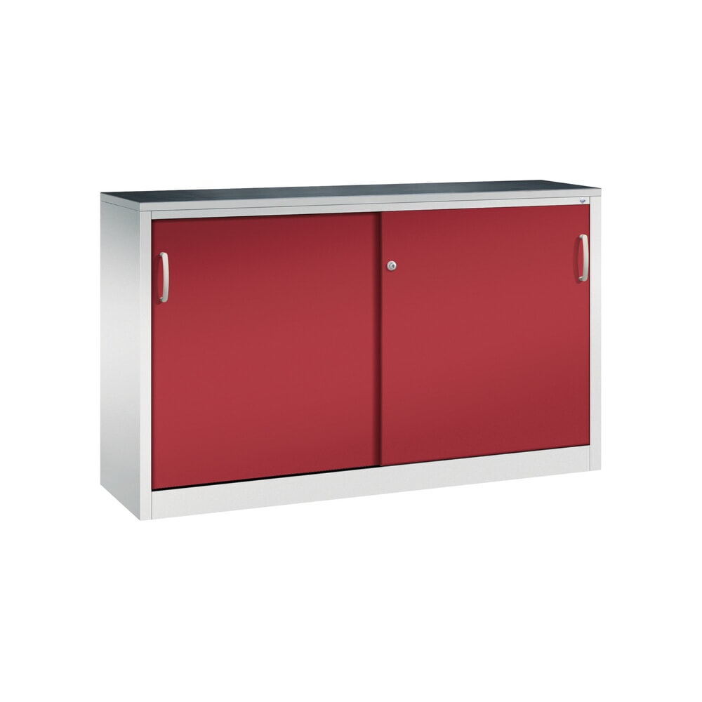 Produktabbildung: C+P Werkstatt-Beistellschrank mit 2 Fachböden, HxBxT 1.000 x 1.600 x 400 mm, Trennwand, lichtgrau, rubinrot