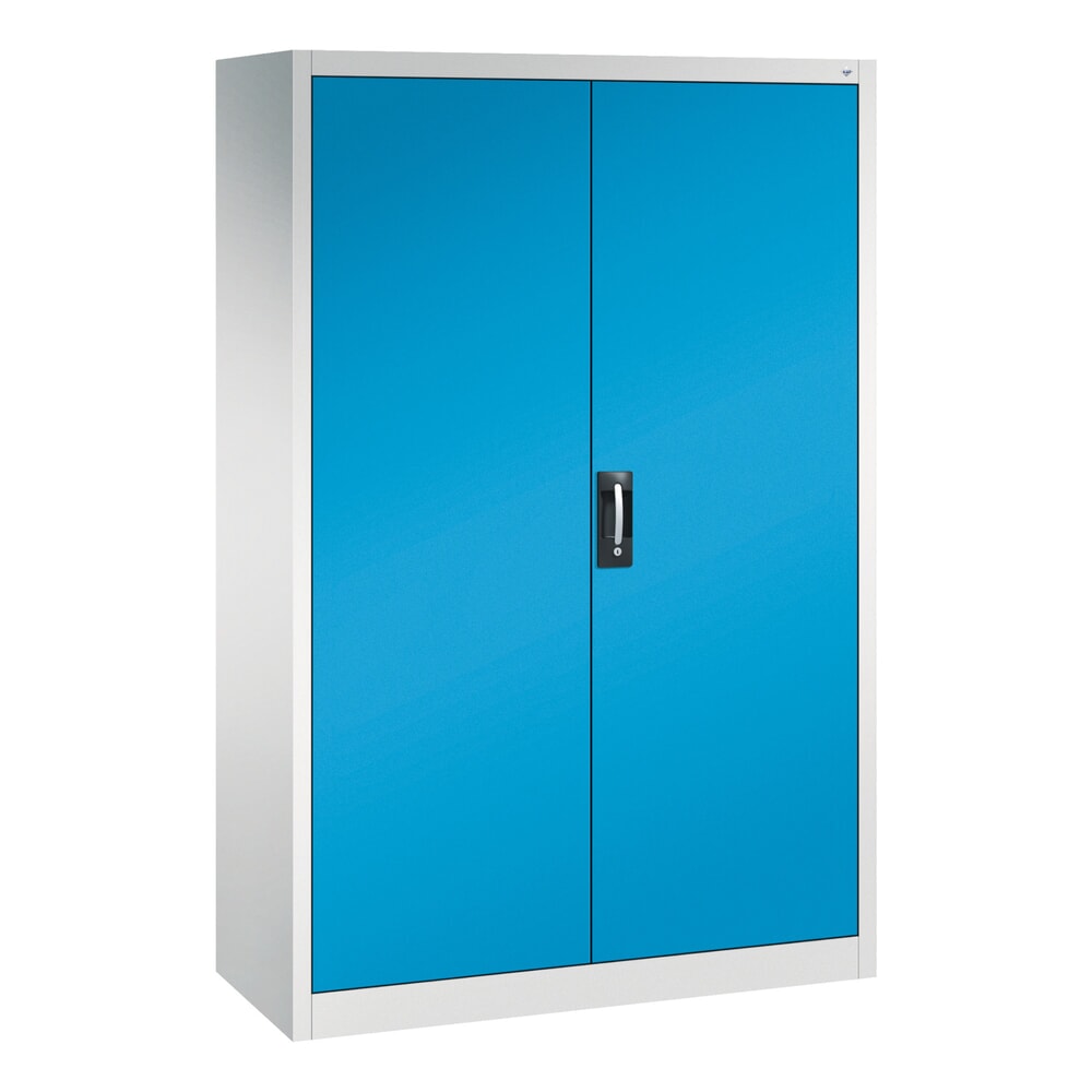 Produktabbildung: C+P Werkstatt-Flügeltürschrank mit Mittelwand + 8 Fachböden, HxBxT 1.950 x 1.200 x 500 mm, lichtgrau, lichtblau