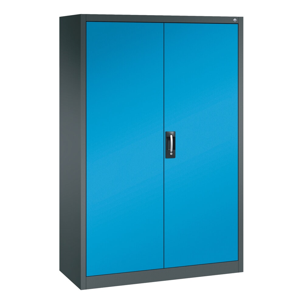 Produktabbildung: C+P Werkstatt-Flügeltürschrank mit Mittelwand + 8 Fachböden, HxBxT 1.950 x 1.200 x 500 mm, anthrazitgrau, lichtblau