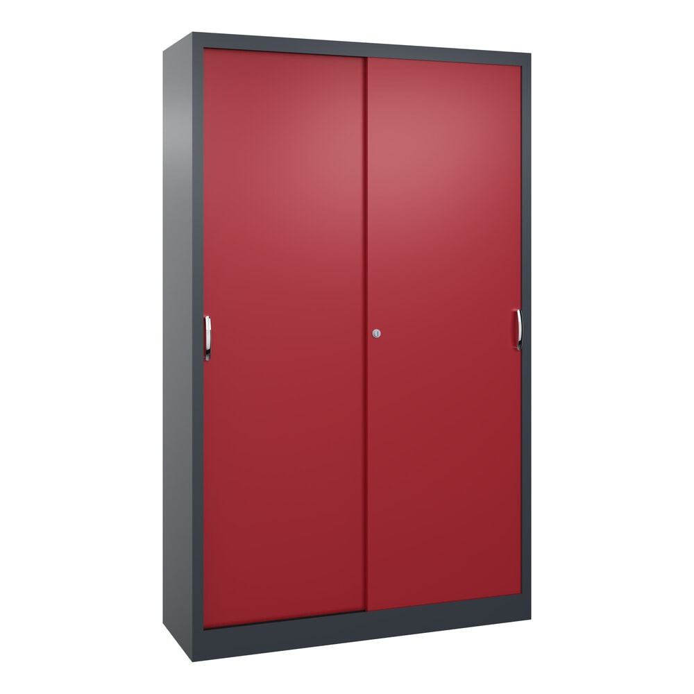 Produktabbildung: C+P Werkstatt-Schiebetürenschrank mit 4 Fachböden, HxBxT 1.950 x 1.200 x 400 mm, anthrazitgrau, rubinrot