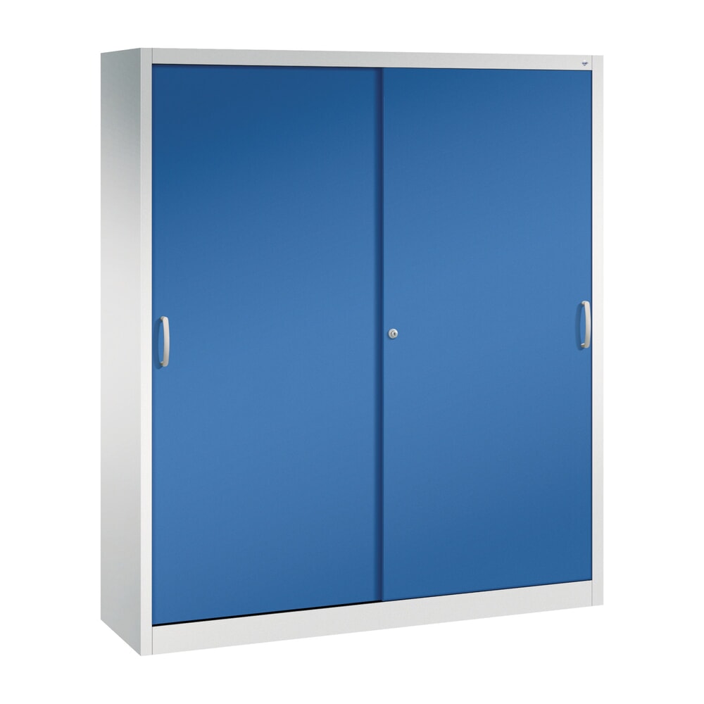 Produktabbildung: C+P Werkstatt-Schiebetürenschrank mit 8 Fachböden, HxBxT 1.950 x 1.600 x 400 mm, Trennwand, lichtgrau, enzianblau