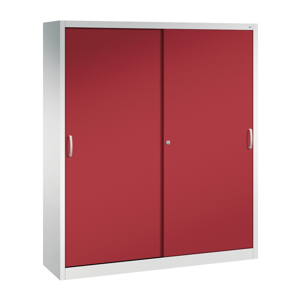 Produktabbildung: C+P Werkstatt-Schiebetürenschrank mit 8 Fachböden, HxBxT 1.950 x 1.600 x 400 mm, Trennwand, lichtgrau, rubinrot