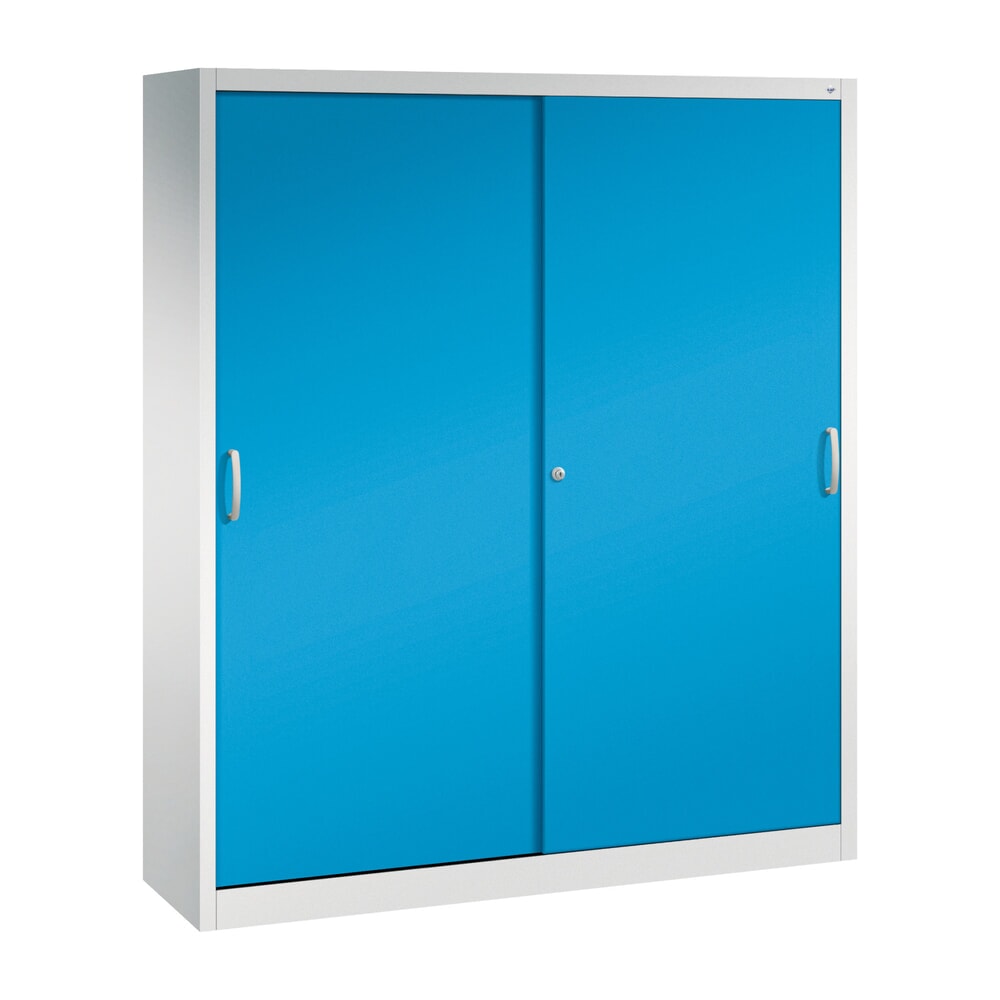 Produktabbildung: C+P Werkstatt-Schiebetürenschrank mit 8 Fachböden, HxBxT 1.950 x 1.600 x 400 mm, Trennwand, lichtgrau, lichtblau