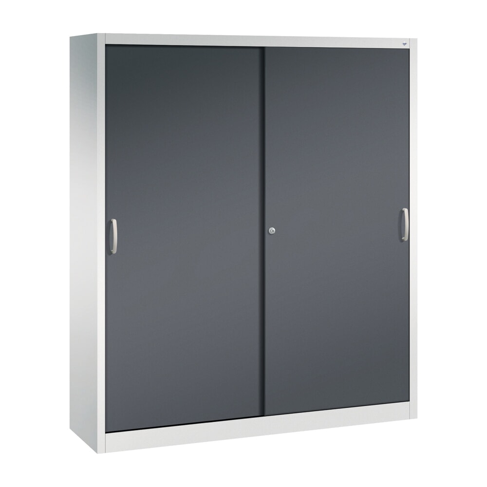 Produktabbildung: C+P Werkstatt-Schiebetürenschrank mit 8 Fachböden, HxBxT 1.950 x 1.600 x 400 mm, Trennwand, lichtgrau, schwarzgrau