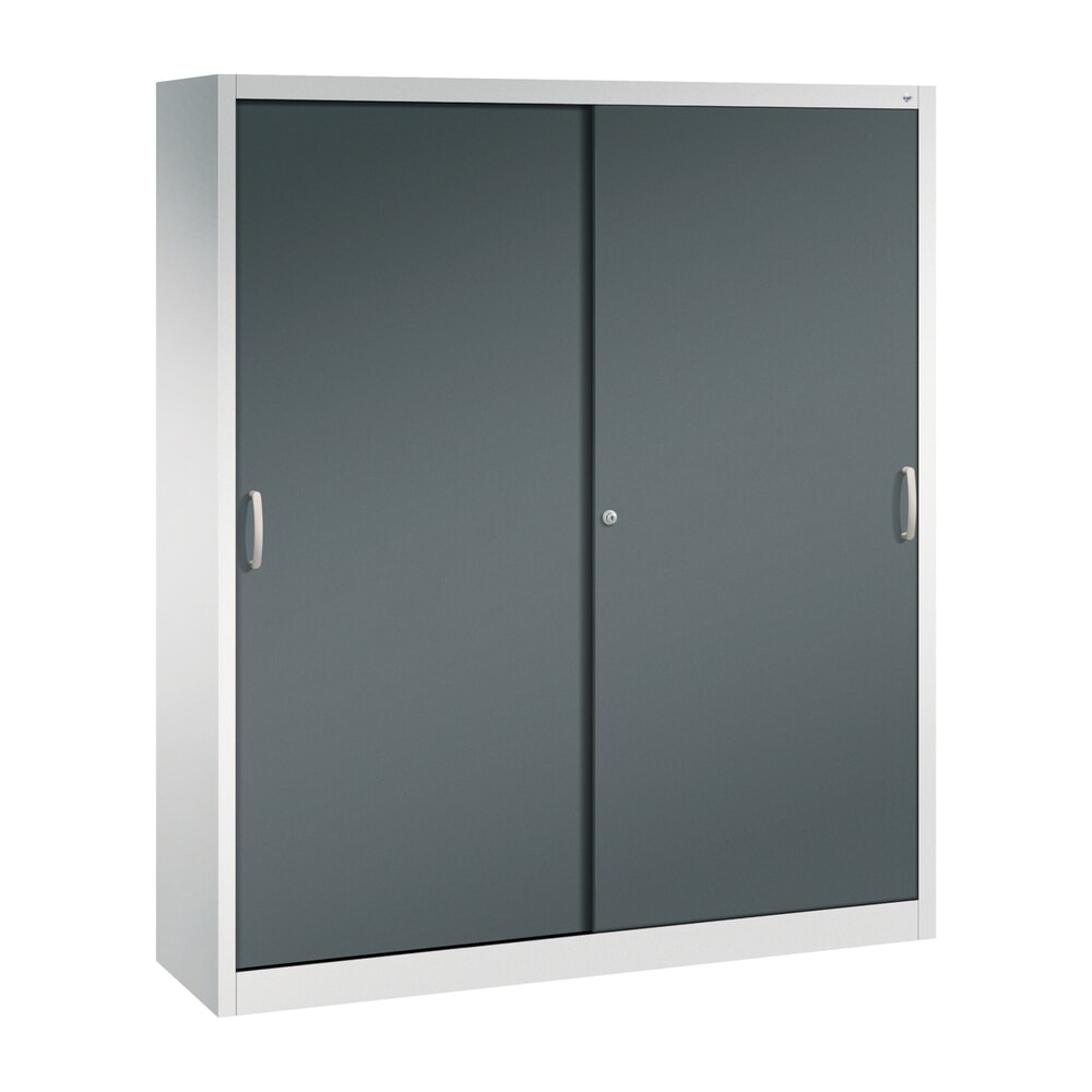 Produktabbildung: C+P Werkstatt-Schiebetürenschrank mit 8 Fachböden, HxBxT 1.950 x 1.600 x 400 mm, Trennwand, lichtgrau, anthrazitgrau