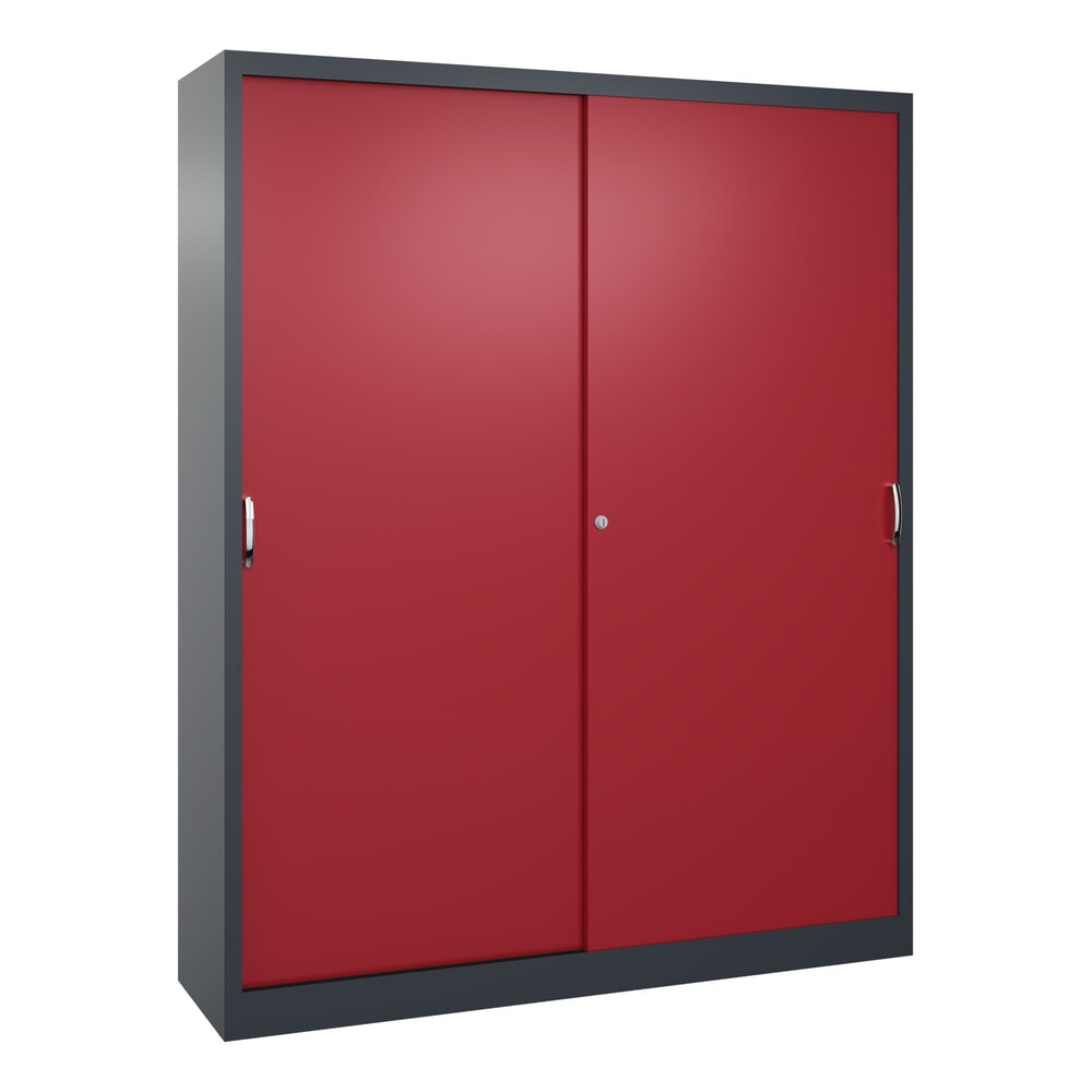 Produktabbildung: C+P Werkstatt-Schiebetürenschrank mit 8 Fachböden, HxBxT 1.950 x 1.600 x 400 mm, Trennwand, anthrazitgrau, rubinrot