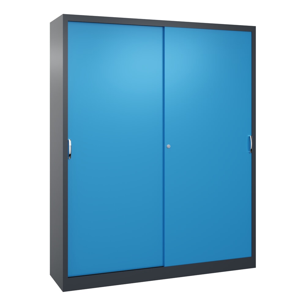 Produktabbildung: C+P Werkstatt-Schiebetürenschrank mit 8 Fachböden, HxBxT 1.950 x 1.600 x 400 mm, Trennwand, anthrazitgrau, lichtblau