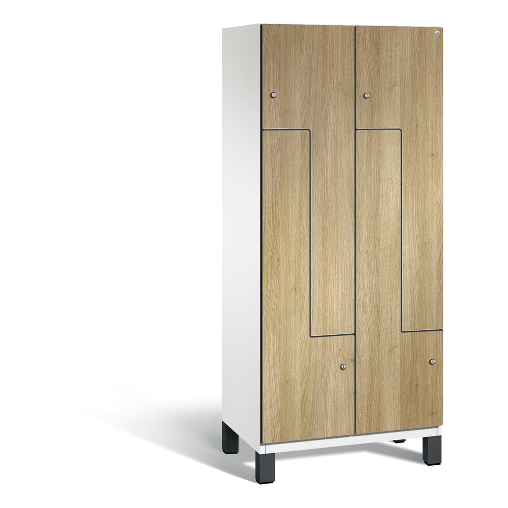 Produktabbildung: C+P Z-Garderobenschrank Cambio, 2 Abteile, Abteilbreite 400 mm, HxBxT 1980x800x525 mm, RAL 9016 Verkehrsweiss, Dekor Eiche Sereno, Füsse