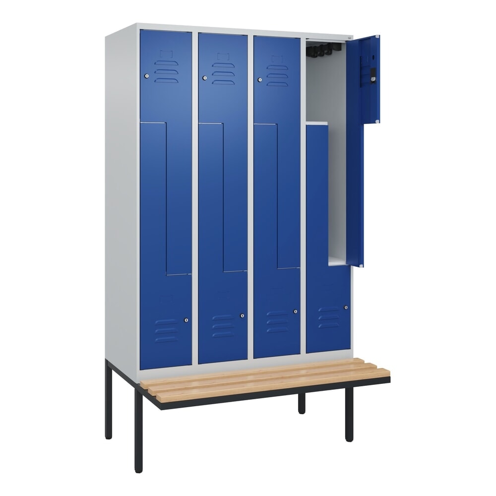 Produktabbildung: C+P Z-Spind Classic PLUS, 8 Abteile, HxBxT 2.120 x 1.200 x 815 mm, Zylinderschloss, auskragende Bank aus Buche, lichtgrau, enzianblau