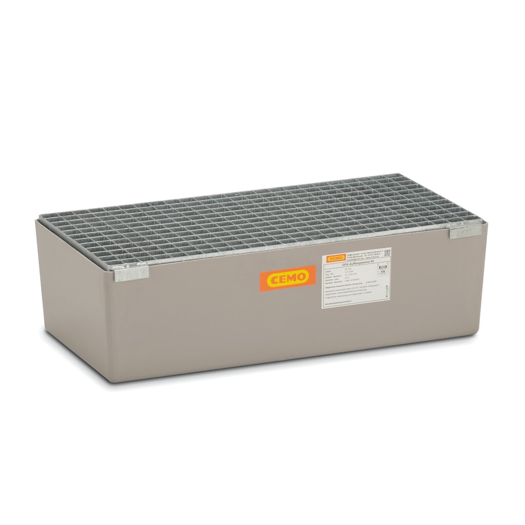 CEMO Auffangwanne aus GFK, HxBxT 240 x 420 x 820 mm, Gitterrost aus Stahl Produktabbildung: CEMO Auffangwanne aus GFK, HxBxT 240 x 420 x 820 mm, Gitterrost aus Stahl