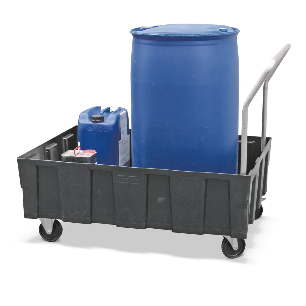 CEMO Auffangwanne Euro-PE 250/2, je 2 Lenk-/Bockrollen, Auffangvolumen 224 l, verzinkter Stahlgitterrost Produktabbildung: CEMO Auffangwanne Euro-PE 250/2, je 2 Lenk-/Bockrollen, Auffangvolumen 224 l, verzinkter Stahlgitterrost