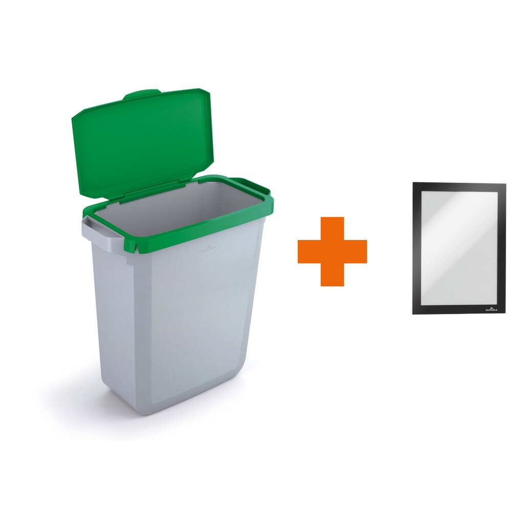 Produktabbildung: DURABLE Abfallbehälter DURABIN® 60L mit Klappdeckel + Info-Rahmen DURAFRAME®, grün