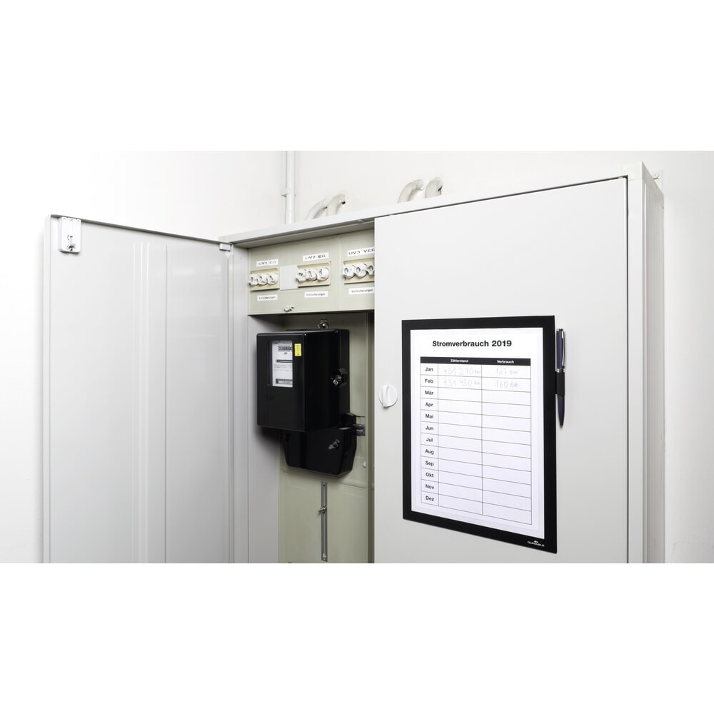 Produktabbildung: DURABLE Info-Rahmen DURAFRAME® MAGNETIC NOTE A4, offener Magnetrahmen für metallische Oberflächen, mit Stifthalter, schwarz