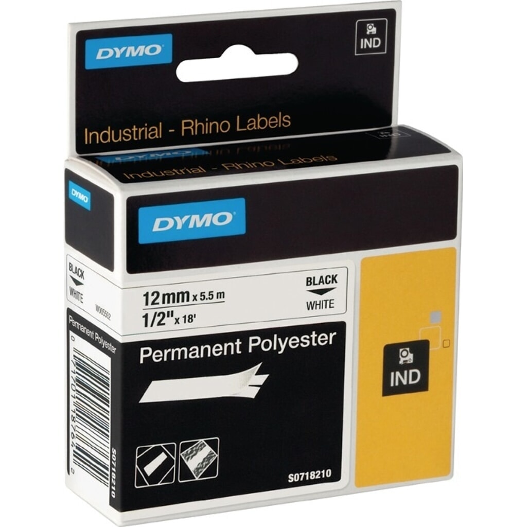 DYMO Schriftband, permanentes Polyesterband, Bandbreite 12 mm Bandlänge 5,5 m, schwarz auf weiss Produktabbildung: DYMO Schriftband, permanentes Polyesterband, Bandbreite 12 mm Bandlänge 5,5 m, schwarz auf weiss