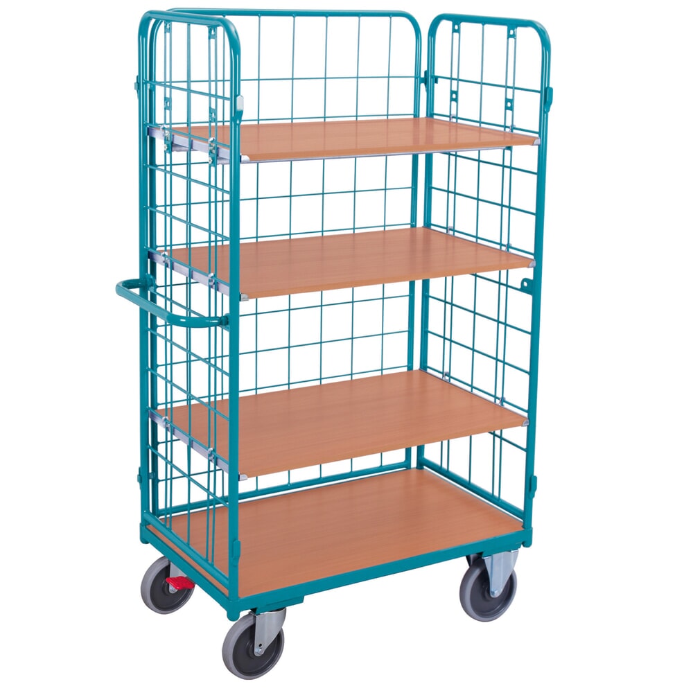 Produktabbildung: Etagenwagen Ameise®, mit Drahtgitter, 3-seitig geschlossen, 4 Etagen à 1.000 x 600 mm, mit Zentralbremse