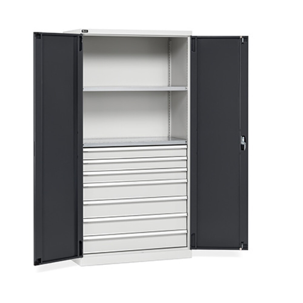Produktabbildung: Fami PERFOM Flügeltürschrank, 7 Schubladen, 2 Fachböden, HxBxT 2.000 x 1.023 x 555 mm, lichtgrau, anthrazit