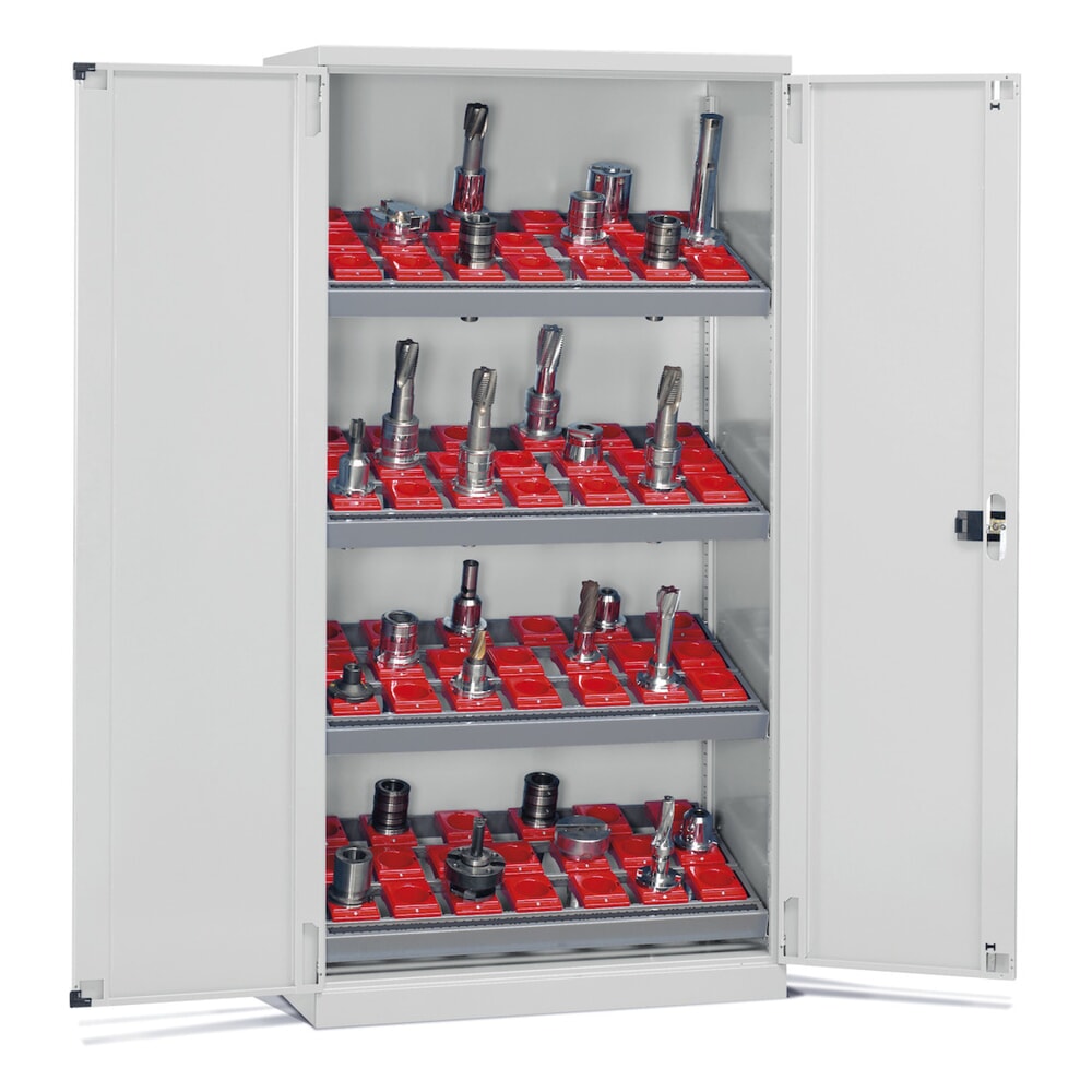 Produktabbildung: Fami PERFOM Lagersystem für CNC-Werkzeuge, 4 Fachböden, HxBxT 2.000 x 1.023 x 555 mm, 50 Werkzeugeinsätze ISO 50, lichtgrau