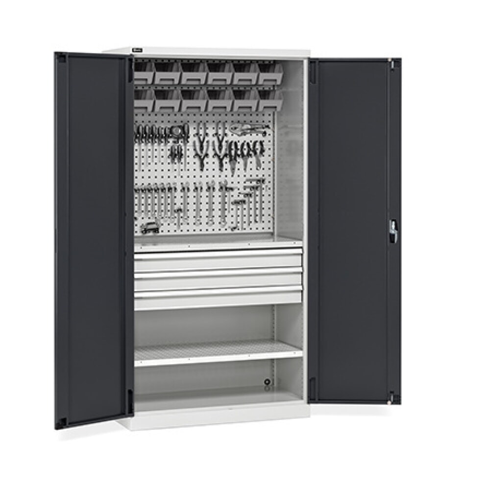 Produktabbildung: Fami PERFOM Werkstattschrank, 3 Schubladen, Lochplatten, Sichtlagerkasten, HxBxT 2.000 x 1.023 x 555 mm, lichtgrau, anthrazit