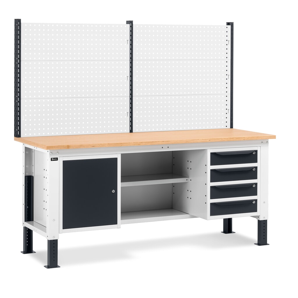 Fami Werkbank, höhenverstellbar, mit Multifunktionswand, 4 Schubladen, Schrank, Rückwand mit 2 Fachböden, TK 1.000 kg, HxBxT 740-1.110 x 2.000 x 750 mm, RAL 7035 lichtgrau / RAL 7016 anthrazitgrau Produktabbildung: Fami Werkbank, höhenverstellbar, mit Multifunktionswand, 4 Schubladen, Schrank, Rückwand mit 2 Fachböden, TK 1.000 kg, HxBxT 740-1.110 x 2.000 x 750 mm, RAL 7035 lichtgrau / RAL 7016 anthrazitgrau