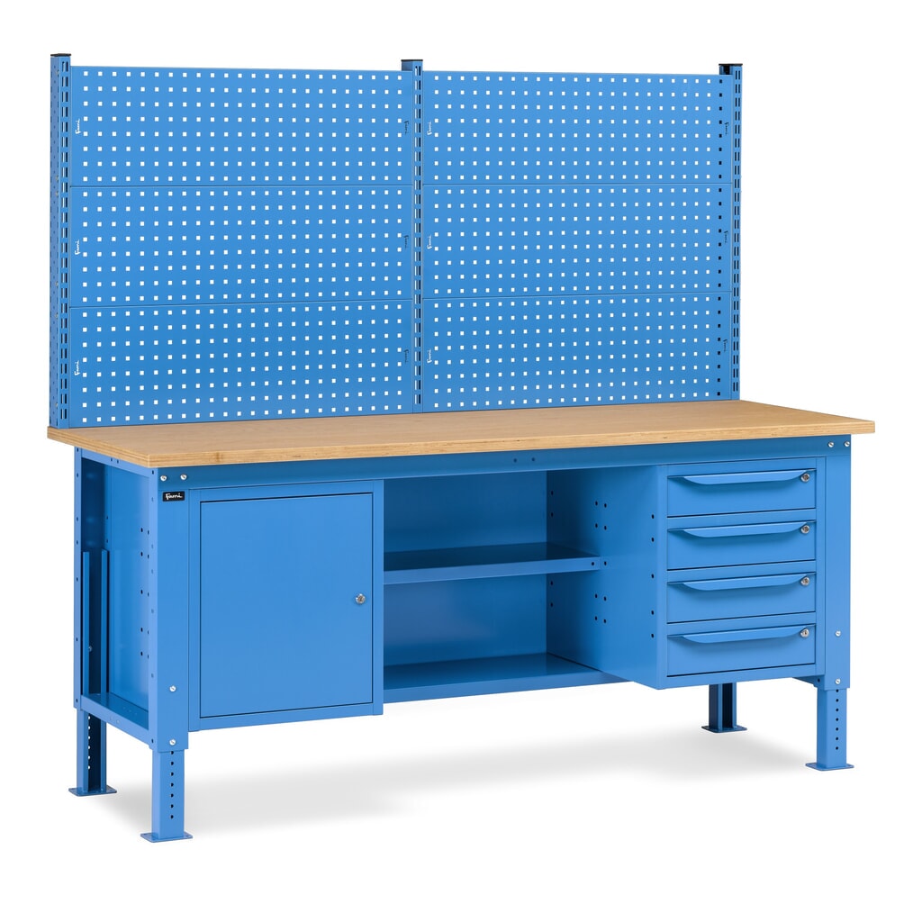 Fami Werkbank, höhenverstellbar, mit Multifunktionswand, 4 Schubladen, Schrank, Rückwand mit 2 Fachböden, TK 1.000 kg, HxBxT 740-1.110 x 2.000 x 750 mm, RAL 5012 lichtblau Produktabbildung: Fami Werkbank, höhenverstellbar, mit Multifunktionswand, 4 Schubladen, Schrank, Rückwand mit 2 Fachböden, TK 1.000 kg, HxBxT 740-1.110 x 2.000 x 750 mm, RAL 5012 lichtblau