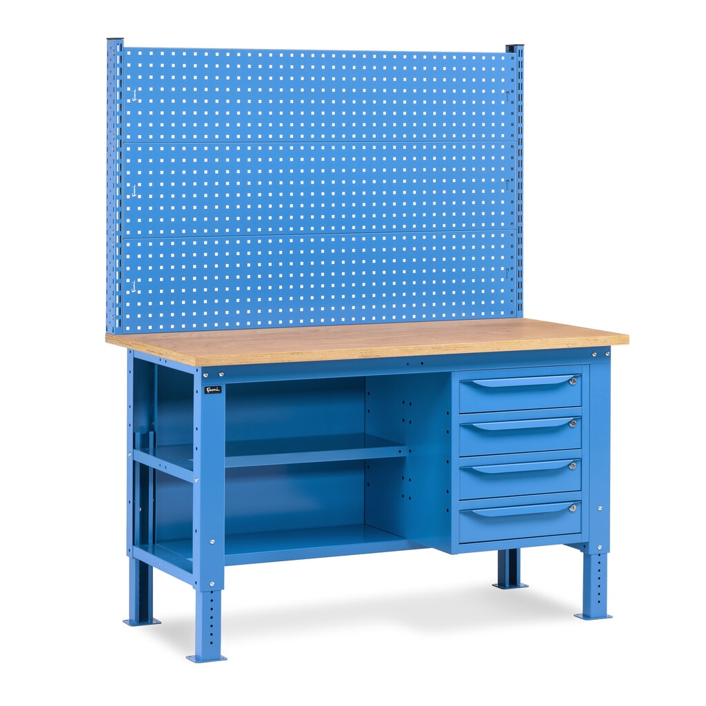 Fami Werkbank, höhenverstellbar, mit Multifunktionswand, 4 Schubladen, Rückwand mit 2 Fachböden, TK 1.000 kg, HxBxT 740-1.110 x 1.500 x 750 mm, RAL 5012 lichtblau Produktabbildung: Fami Werkbank, höhenverstellbar, mit Multifunktionswand, 4 Schubladen, Rückwand mit 2 Fachböden, TK 1.000 kg, HxBxT 740-1.110 x 1.500 x 750 mm, RAL 5012 lichtblau