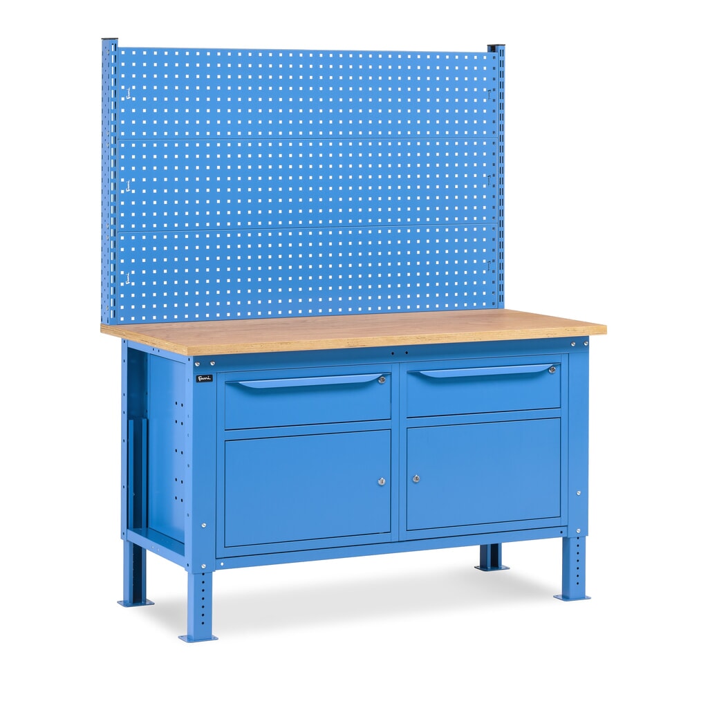 Produktabbildung: Fami Werkbank, höhenverstellbar, mit Multifunktionswand, 2 Schubladen u. 2 Schränke, TK 1.000 kg, HxBxT 740-1.110 x 1.500 x 750 mm, RAL 5012 lichtblau