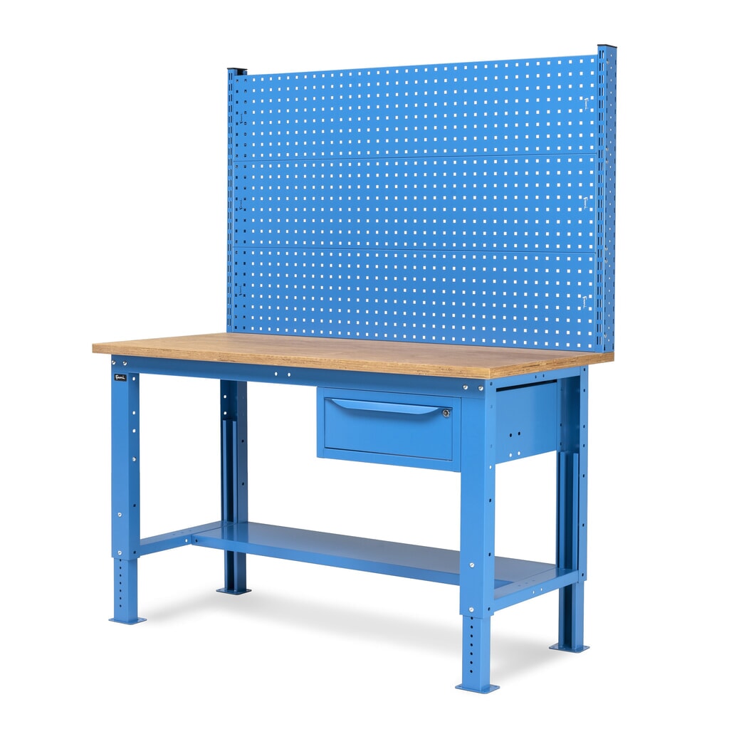 Fami Werkbank, höhenverstellbar, mit Multifunktionswand u. 1 Schublade, TK 1.000 kg, HxBxT 740-1.110 x 1.500 x 750 mm, RAL 5012 lichtblau Produktabbildung Nr. 5: Fami Werkbank, höhenverstellbar, mit Multifunktionswand u. 1 Schublade, TK 1.000 kg, HxBxT 740-1.110 x 1.500 x 750 mm, RAL 5012 lichtblau