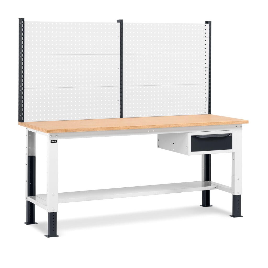 Fami Werkbank, höhenverstellbar, mit Multifunktionswand u. 1 Schublade, TK 1.000 kg, HxBxT 740-1.110 x 2.000 x 750 mm, RAL 7035 lichtgrau / RAL 7016 anthrazitgrau Produktabbildung: Fami Werkbank, höhenverstellbar, mit Multifunktionswand u. 1 Schublade, TK 1.000 kg, HxBxT 740-1.110 x 2.000 x 750 mm, RAL 7035 lichtgrau / RAL 7016 anthrazitgrau