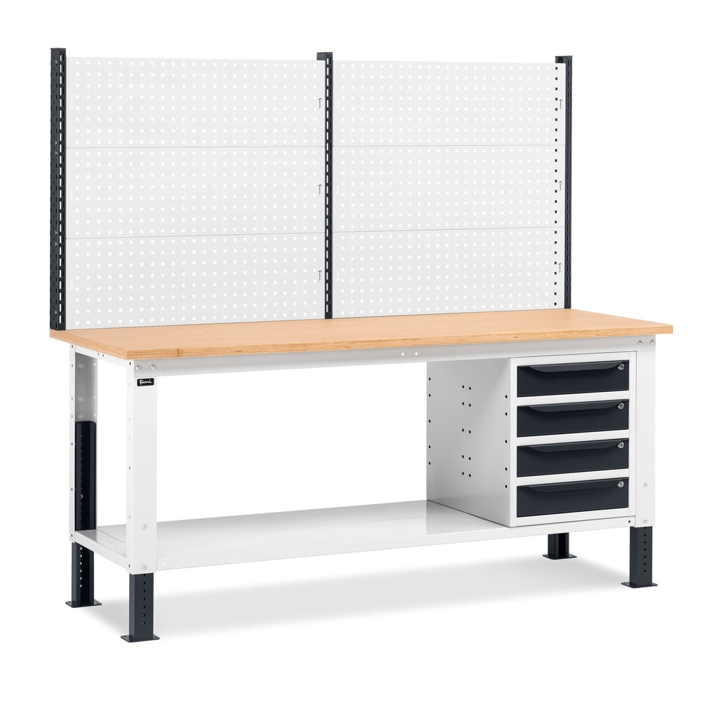 Fami Werkbank, höhenverstellbar, mit Multifunktionswand u. 4 Schubladen, TK 1.000 kg, HxBxT 740-1.110 x 2.000 x 750 mm, RAL 7035 lichtgrau / RAL 7016 anthrazitgrau Produktabbildung: Fami Werkbank, höhenverstellbar, mit Multifunktionswand u. 4 Schubladen, TK 1.000 kg, HxBxT 740-1.110 x 2.000 x 750 mm, RAL 7035 lichtgrau / RAL 7016 anthrazitgrau