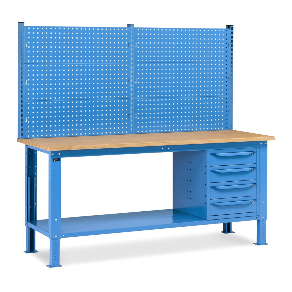 Fami Werkbank, höhenverstellbar, mit Multifunktionswand u. 4 Schubladen, TK 1.000 kg, HxBxT 740-1.110 x 2.000 x 750 mm, RAL 5012 lichtblau Produktabbildung: Fami Werkbank, höhenverstellbar, mit Multifunktionswand u. 4 Schubladen, TK 1.000 kg, HxBxT 740-1.110 x 2.000 x 750 mm, RAL 5012 lichtblau