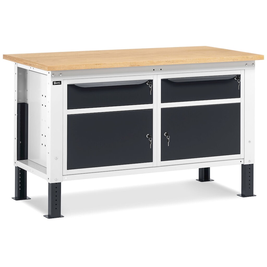 Fami Werkbank, höhenverstellbar, 2 Schubladen u. 2 Schränke, TK 1.000 kg, HxBxT 740-1.110 x 1.500 x 750 mm, RAL 7035 lichtgrau / RAL 7016 anthrazitgrau Produktabbildung Nr. 8: Fami Werkbank, höhenverstellbar, 2 Schubladen u. 2 Schränke, TK 1.000 kg, HxBxT 740-1.110 x 1.500 x 750 mm, RAL 7035 lichtgrau / RAL 7016 anthrazitgrau