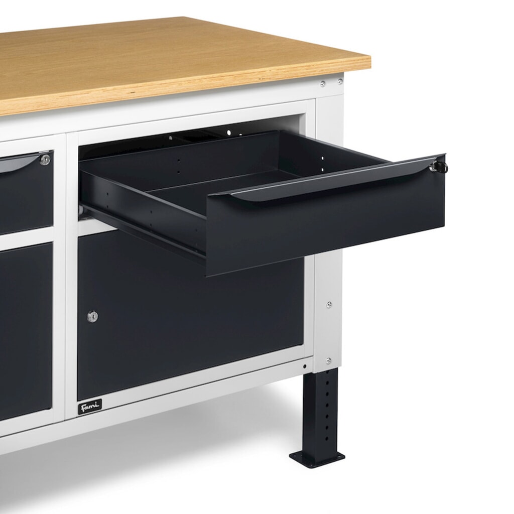 Fami Werkbank, höhenverstellbar, 2 Schubladen u. 2 Schränke, TK 1.000 kg, HxBxT 740-1.110 x 1.500 x 750 mm, RAL 7035 lichtgrau / RAL 7016 anthrazitgrau Produktabbildung Nr. 10: Fami Werkbank, höhenverstellbar, 2 Schubladen u. 2 Schränke, TK 1.000 kg, HxBxT 740-1.110 x 1.500 x 750 mm, RAL 7035 lichtgrau / RAL 7016 anthrazitgrau