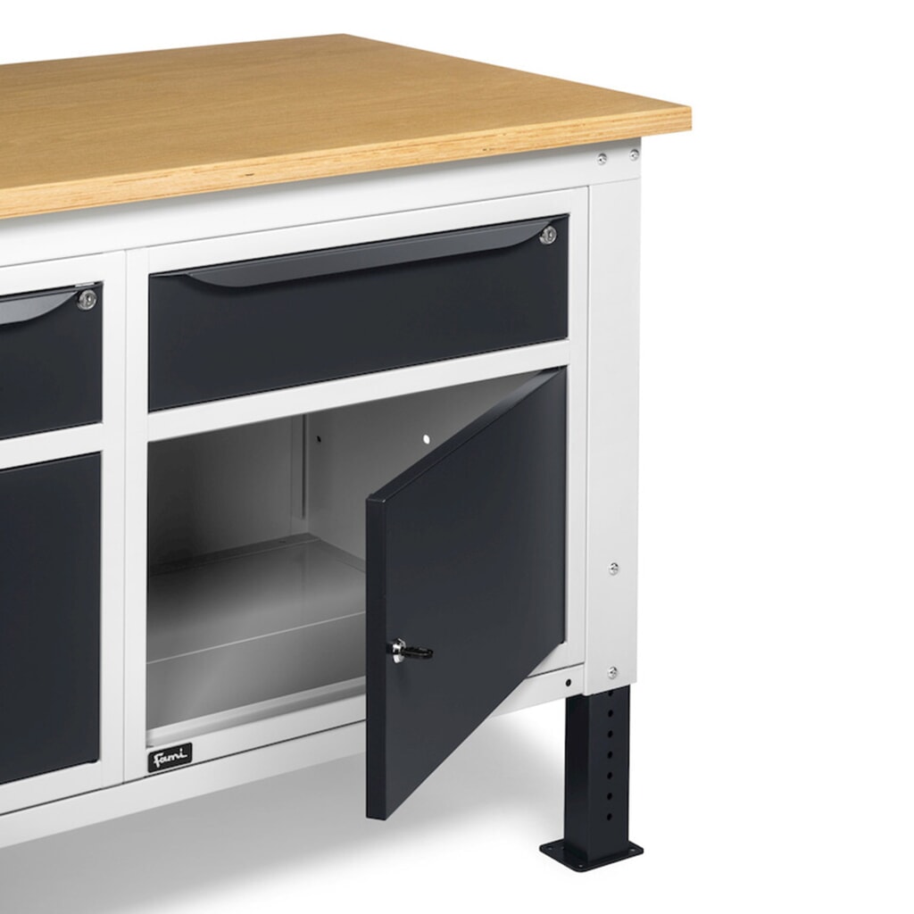 Fami Werkbank, höhenverstellbar, 2 Schubladen u. 2 Schränke, TK 1.000 kg, HxBxT 740-1.110 x 1.500 x 750 mm, RAL 7035 lichtgrau / RAL 7016 anthrazitgrau Produktabbildung Nr. 11: Fami Werkbank, höhenverstellbar, 2 Schubladen u. 2 Schränke, TK 1.000 kg, HxBxT 740-1.110 x 1.500 x 750 mm, RAL 7035 lichtgrau / RAL 7016 anthrazitgrau