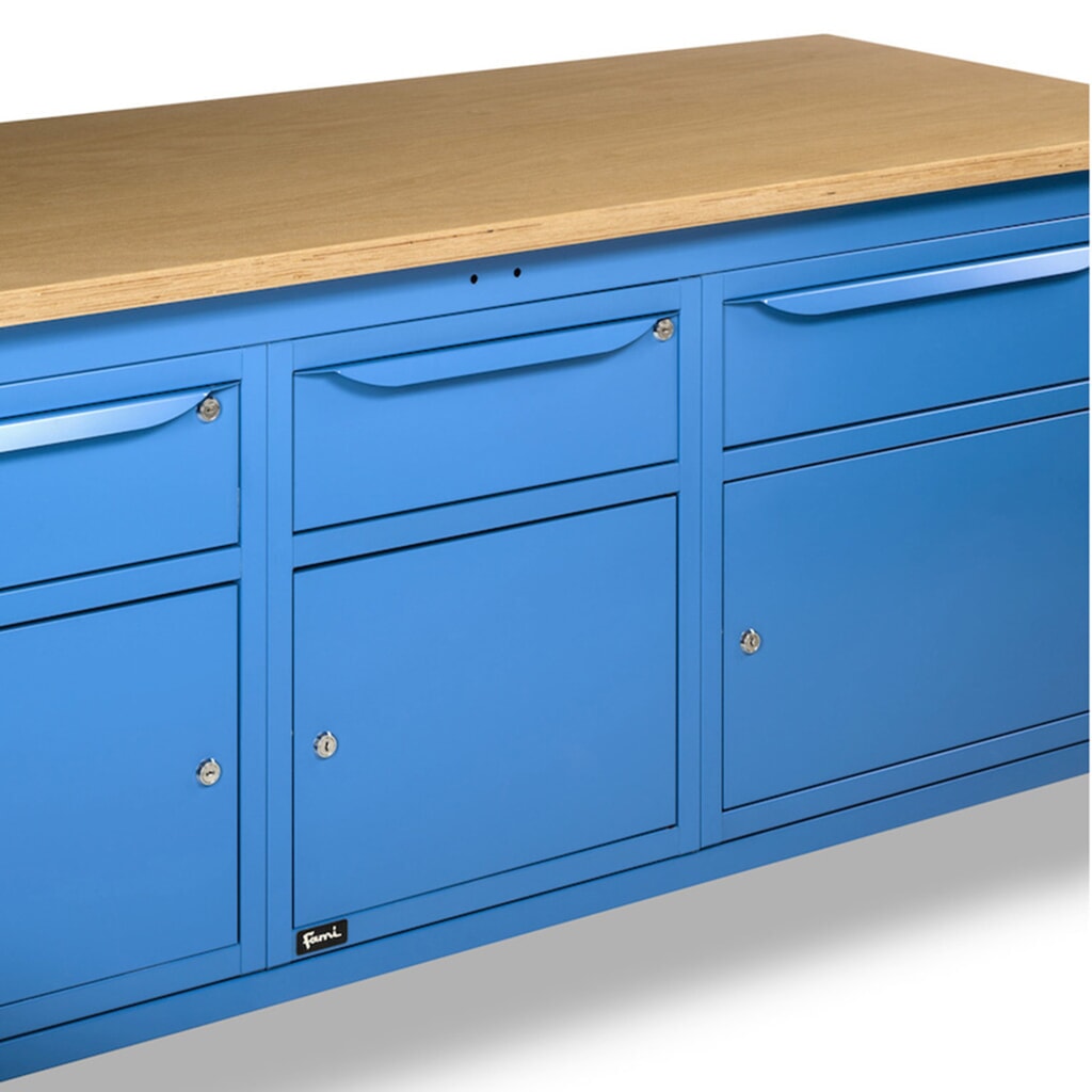 Fami Werkbank, höhenverstellbar, 3 Schubladen u. 3 Schränke, TK 1.000 kg, HxBxT 740-1.110 x 2.000 x 750 mm, RAL 5012 lichtblau Produktabbildung Nr. 9: Fami Werkbank, höhenverstellbar, 3 Schubladen u. 3 Schränke, TK 1.000 kg, HxBxT 740-1.110 x 2.000 x 750 mm, RAL 5012 lichtblau