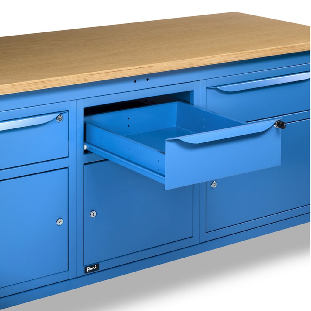 Fami Werkbank, höhenverstellbar, 3 Schubladen u. 3 Schränke, TK 1.000 kg, HxBxT 740-1.110 x 2.000 x 750 mm, RAL 5012 lichtblau Produktabbildung Nr. 10: Fami Werkbank, höhenverstellbar, 3 Schubladen u. 3 Schränke, TK 1.000 kg, HxBxT 740-1.110 x 2.000 x 750 mm, RAL 5012 lichtblau
