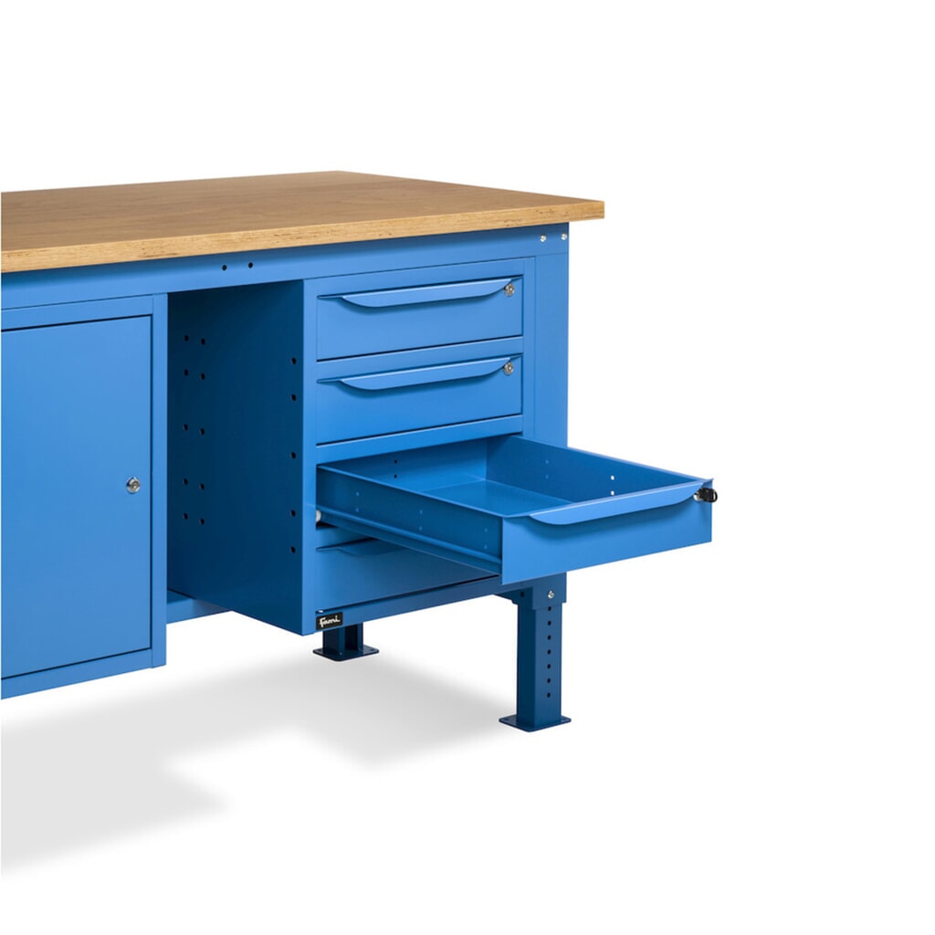 Fami Werkbank, höhenverstellbar, 4 Schubladen (Lücke) u. 1 Schrank, TK 1.000 kg, HxBxT 740-1.110 x 1.500 x 750 mm, RAL 5012 lichtblau Produktabbildung Nr. 13: Fami Werkbank, höhenverstellbar, 4 Schubladen (Lücke) u. 1 Schrank, TK 1.000 kg, HxBxT 740-1.110 x 1.500 x 750 mm, RAL 5012 lichtblau