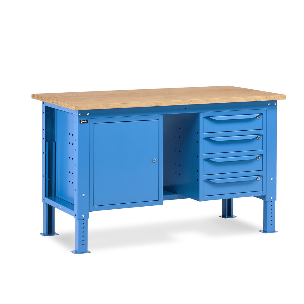 Fami Werkbank, höhenverstellbar, 4 Schubladen (Lücke) u. 1 Schrank, TK 1.000 kg, HxBxT 740-1.110 x 1.500 x 750 mm, RAL 5012 lichtblau Produktabbildung: Fami Werkbank, höhenverstellbar, 4 Schubladen (Lücke) u. 1 Schrank, TK 1.000 kg, HxBxT 740-1.110 x 1.500 x 750 mm, RAL 5012 lichtblau