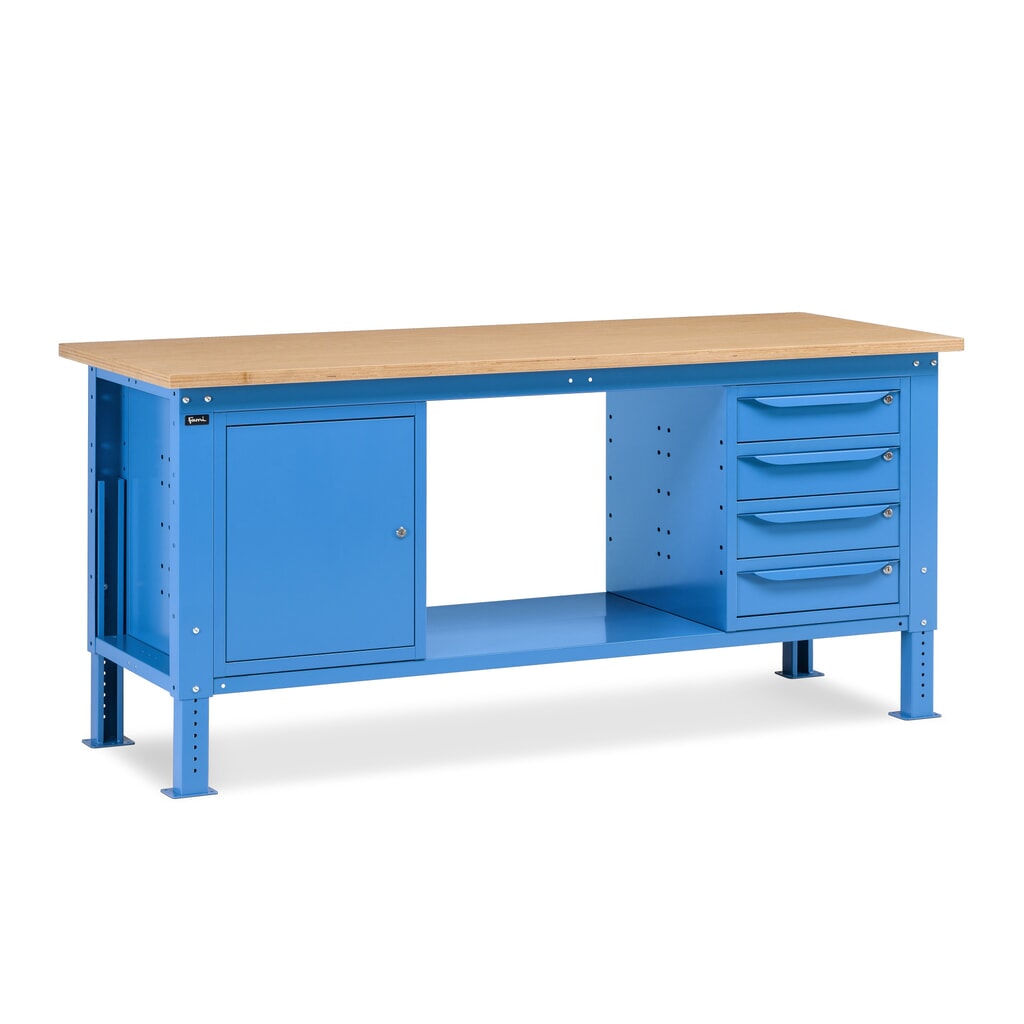 Produktabbildung: Fami Werkbank, höhenverstellbar, 4 Schubladen u. 1 Schrank, TK 1.000 kg, HxBxT 740-1.110 x 2.000 x 750 mm, RAL 5012 lichtblau