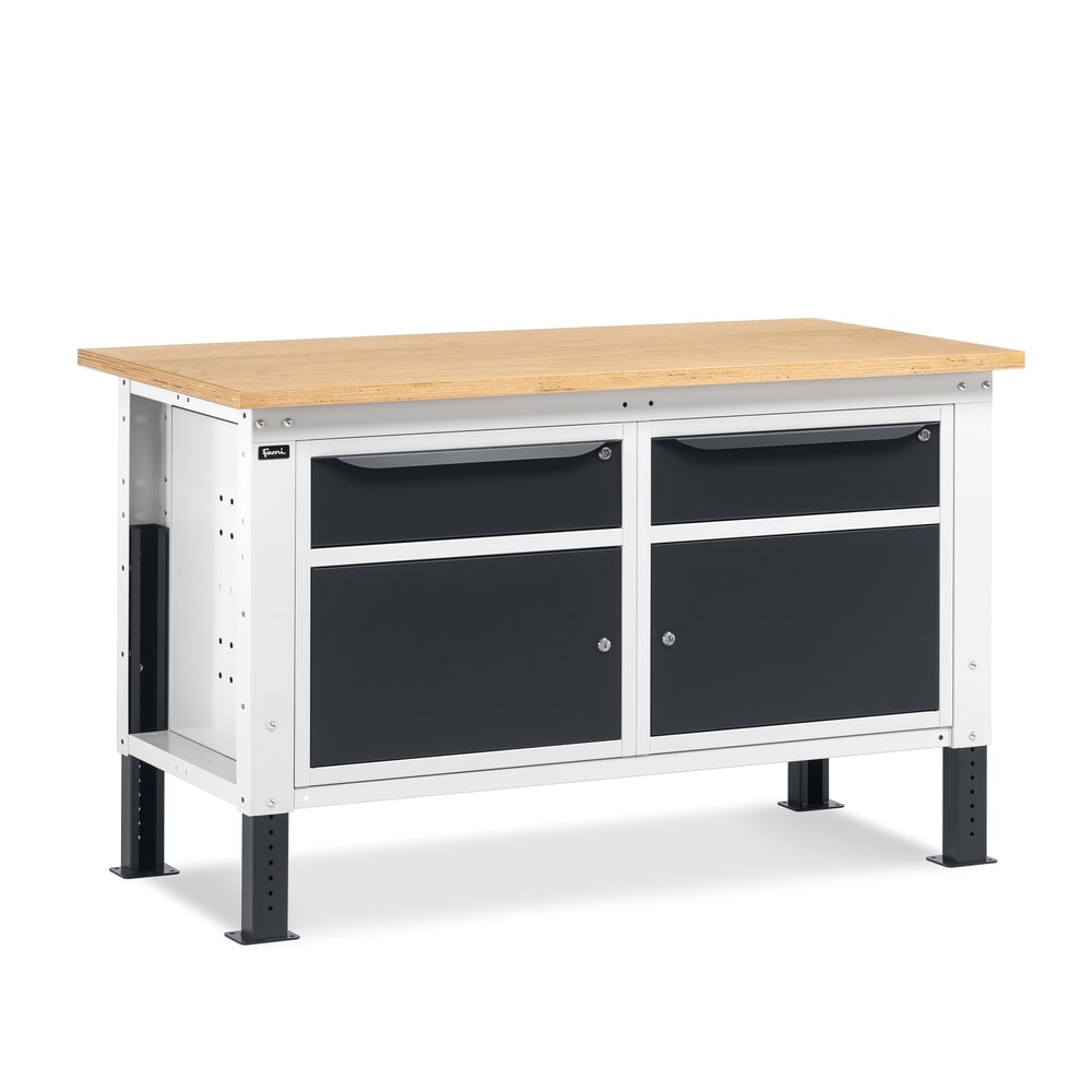 Produktabbildung Nr. 1: Fami Werkbank, höhenverstellbar, 2 Schubladen u. 2 Schränke, TK 1.000 kg, HxBxT 740-1.110 x 1.500 x 750 mm, RAL 7035 lichtgrau / RAL 7016 anthrazitgrau