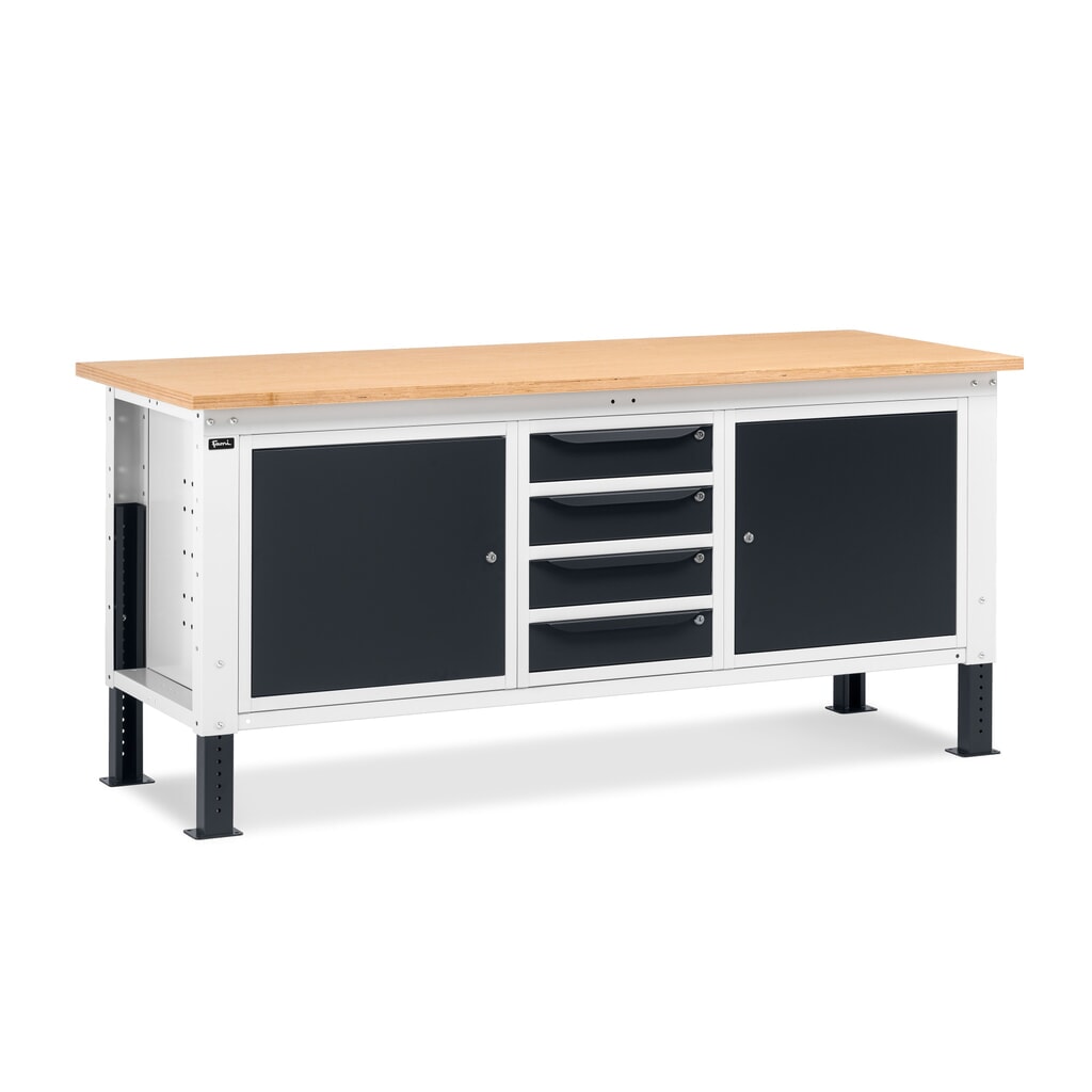 Produktabbildung: Fami Werkbank, höhenverstellbar, 4 Schubladen u. 2 Schränke, TK 1.000 kg, HxBxT 740-1.110 x 2.000 x 750 mm, RAL 7035 lichtgrau / RAL 7016 anthrazitgrau