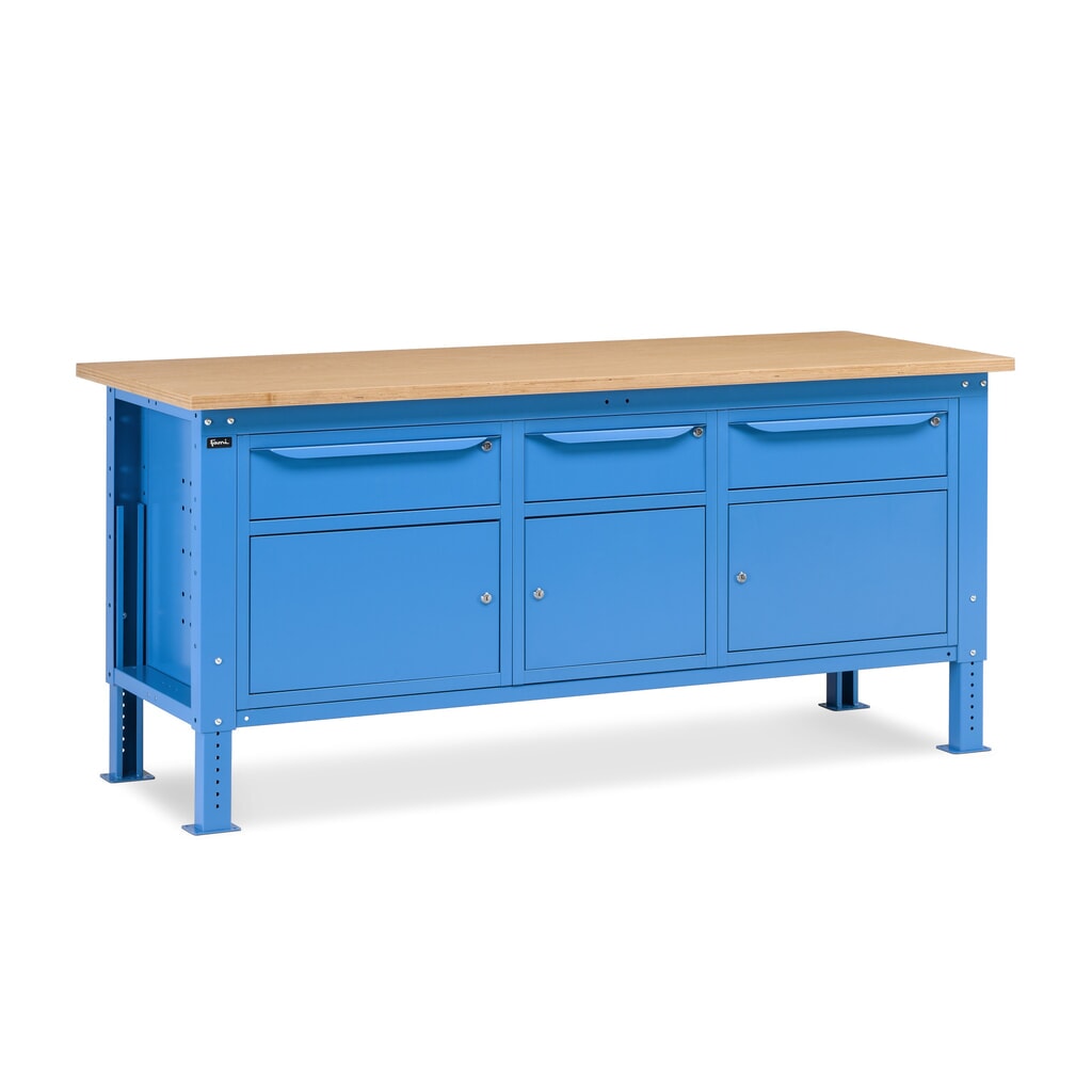 Produktabbildung: Fami Werkbank, höhenverstellbar, 3 Schubladen u. 3 Schränke, TK 1.000 kg, HxBxT 740-1.110 x 2.000 x 750 mm, RAL 5012 lichtblau