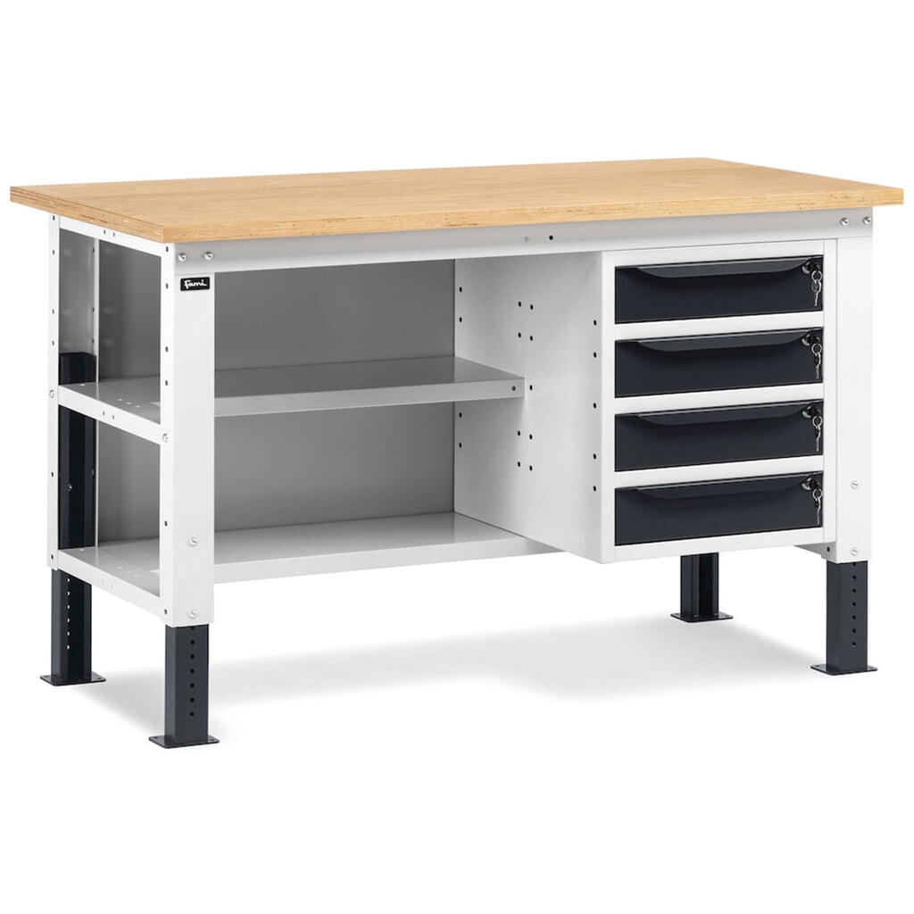 Fami Werkbank, höhenverstellbar, 4 Schubladen, Rückwand u. 2 Fachböden, TK 1.000 kg, HxBxT 740-1.110 x 1.500 x 750 mm, RAL 7035 lichtgrau / RAL 7016 anthrazitgrau Produktabbildung Nr. 8: Fami Werkbank, höhenverstellbar, 4 Schubladen, Rückwand u. 2 Fachböden, TK 1.000 kg, HxBxT 740-1.110 x 1.500 x 750 mm, RAL 7035 lichtgrau / RAL 7016 anthrazitgrau