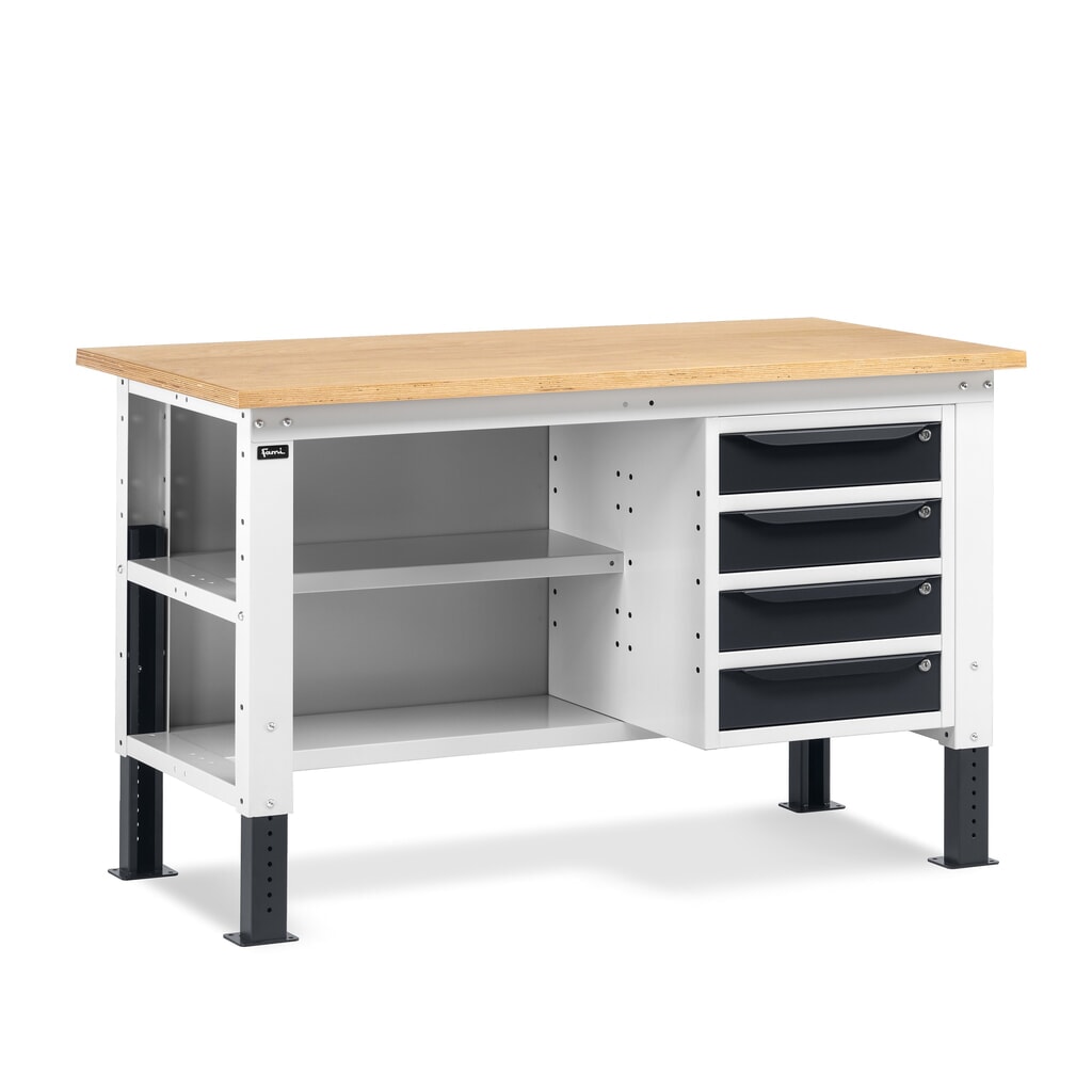 Fami Werkbank, höhenverstellbar, 4 Schubladen, Rückwand u. 2 Fachböden, TK 1.000 kg, HxBxT 740-1.110 x 1.500 x 750 mm, RAL 7035 lichtgrau / RAL 7016 anthrazitgrau Produktabbildung: Fami Werkbank, höhenverstellbar, 4 Schubladen, Rückwand u. 2 Fachböden, TK 1.000 kg, HxBxT 740-1.110 x 1.500 x 750 mm, RAL 7035 lichtgrau / RAL 7016 anthrazitgrau