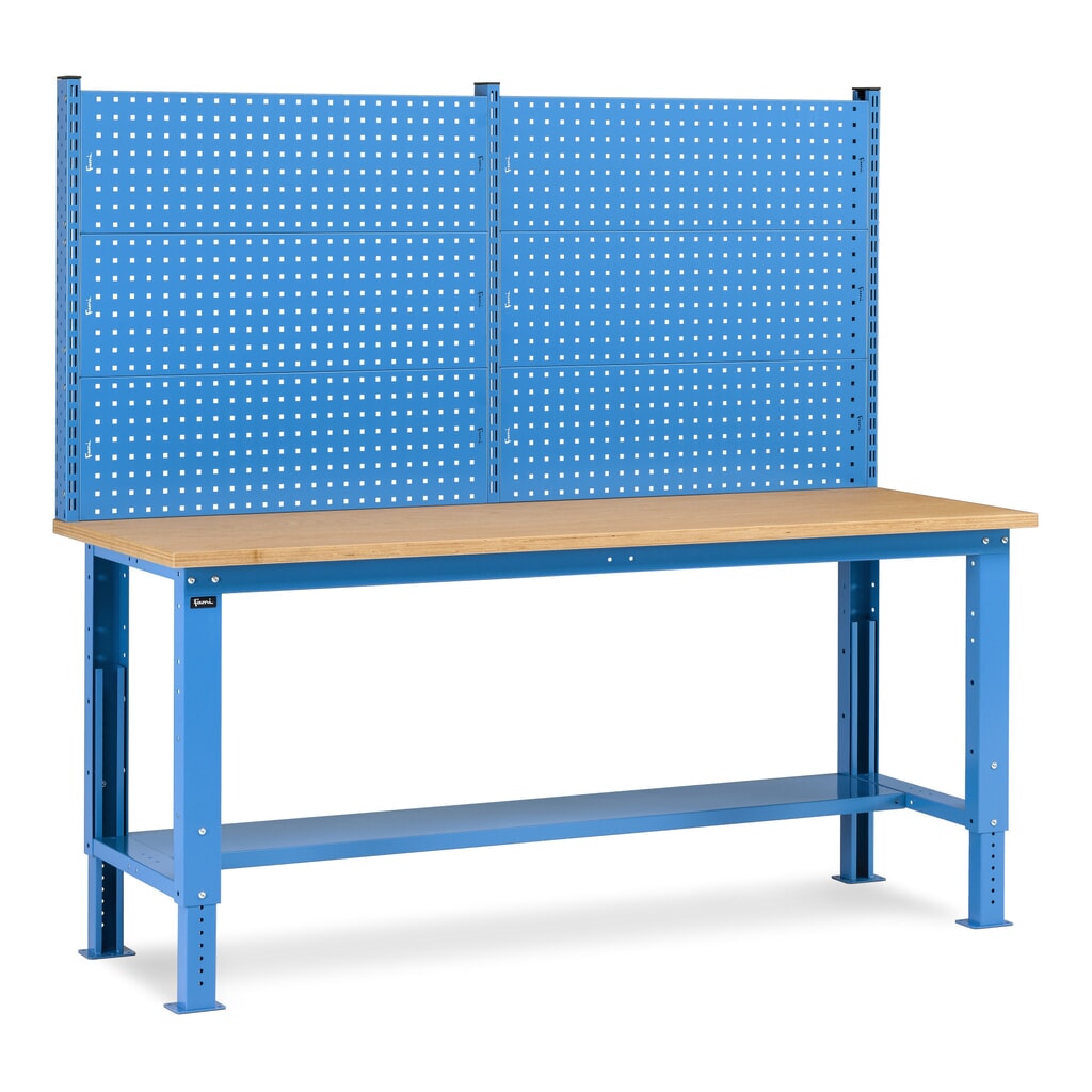Fami Werkbank, höhenverstellbar u. mit Multifunktionswand, TK 1.000 kg, HxBxT 740-1.110 x 2.000 x 750 mm, RAL 5012 lichtblau Produktabbildung: Fami Werkbank, höhenverstellbar u. mit Multifunktionswand, TK 1.000 kg, HxBxT 740-1.110 x 2.000 x 750 mm, RAL 5012 lichtblau