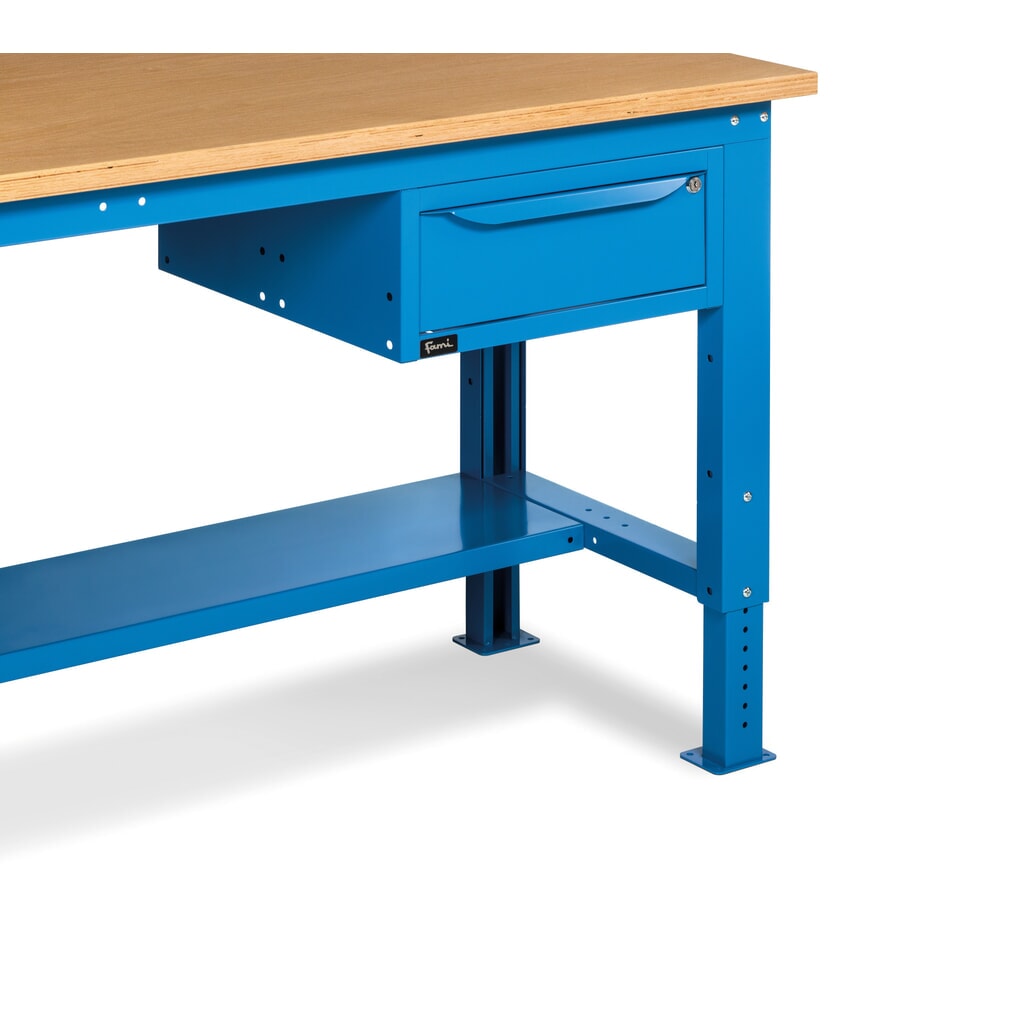 Fami Werkbank, höhenverstellbar u. 1 Schublade, TK 1.000 kg, HxBxT 740-1.110 x 2.000 x 750 mm, RAL 5012 lichtblau Produktabbildung Nr. 3: Fami Werkbank, höhenverstellbar u. 1 Schublade, TK 1.000 kg, HxBxT 740-1.110 x 2.000 x 750 mm, RAL 5012 lichtblau