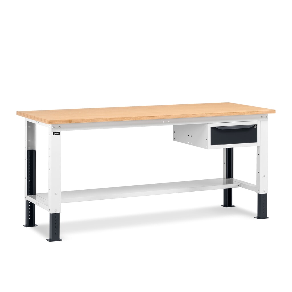 Fami Werkbank, höhenverstellbar u. 1 Schublade, TK 1.000 kg, HxBxT 740-1.110 x 2.000 x 750 mm, RAL 7035 lichtgrau / RAL 7016 anthrazitgrau Produktabbildung: Fami Werkbank, höhenverstellbar u. 1 Schublade, TK 1.000 kg, HxBxT 740-1.110 x 2.000 x 750 mm, RAL 7035 lichtgrau / RAL 7016 anthrazitgrau
