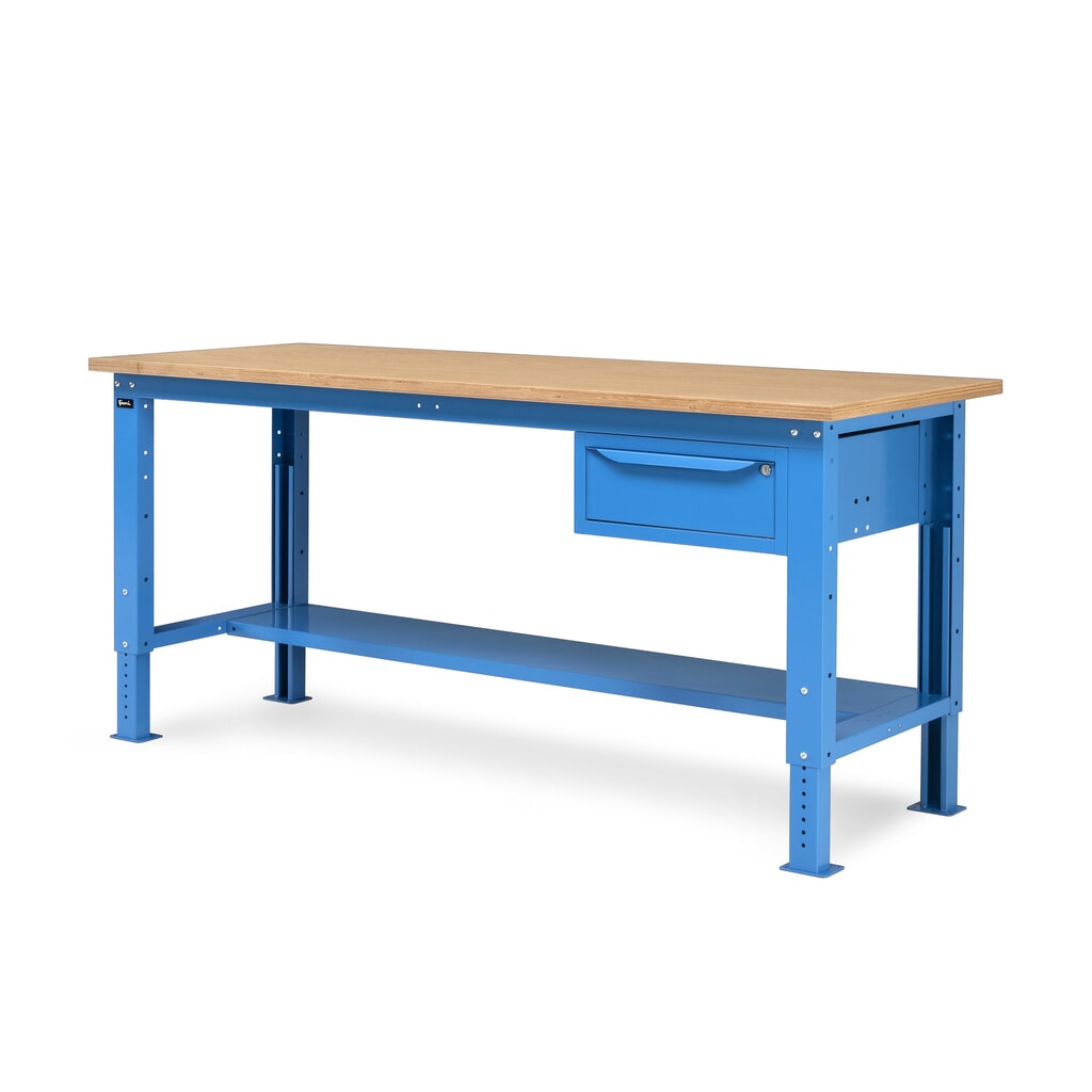 Fami Werkbank, höhenverstellbar u. 1 Schublade, TK 1.000 kg, HxBxT 740-1.110 x 2.000 x 750 mm, RAL 5012 lichtblau Produktabbildung Nr. 5: Fami Werkbank, höhenverstellbar u. 1 Schublade, TK 1.000 kg, HxBxT 740-1.110 x 2.000 x 750 mm, RAL 5012 lichtblau