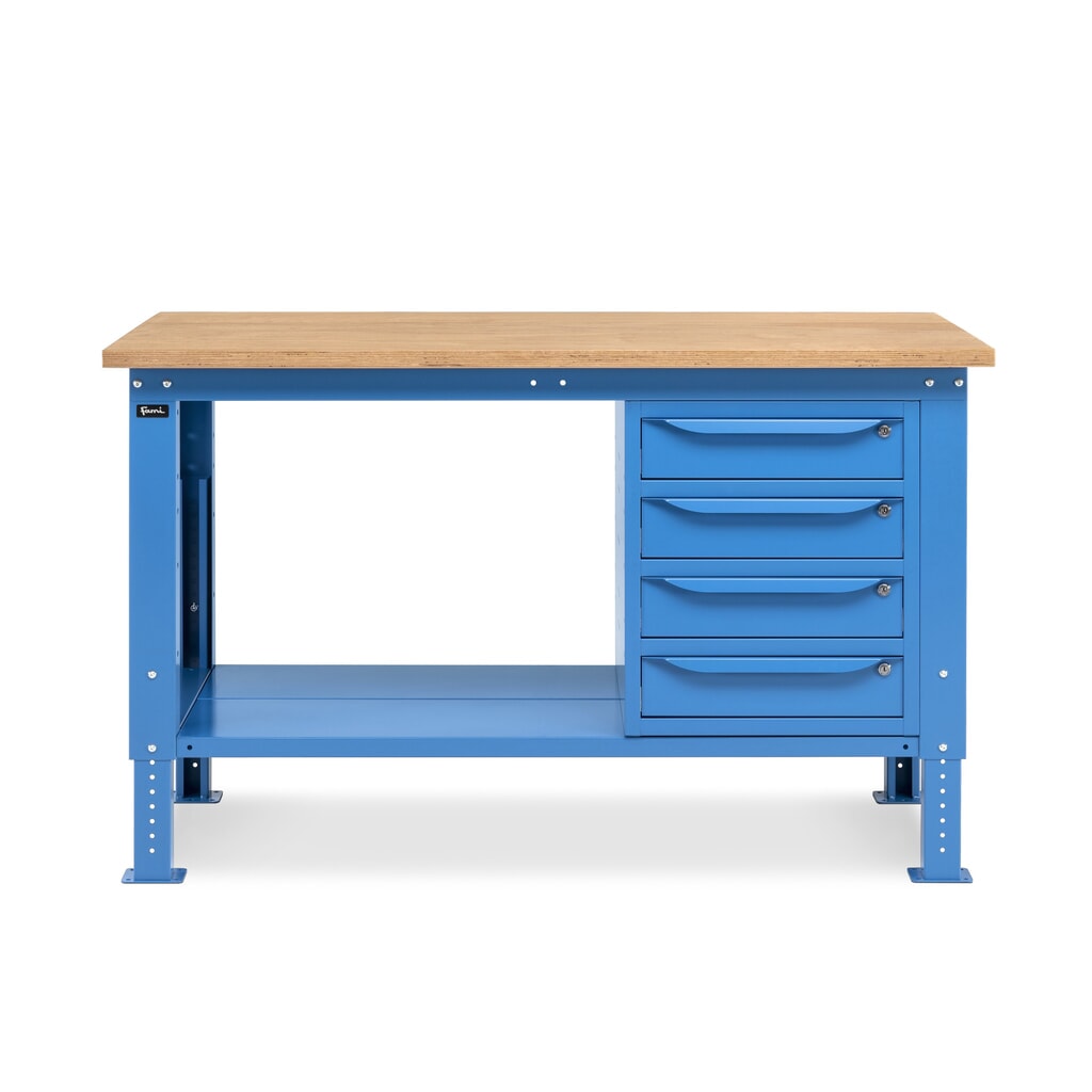 Fami Werkbank, höhenverstellbar u. 4 Schubladen, TK 1.000 kg, HxBxT 740-1.110 x 1.500 x 750 mm, RAL 5012 lichtblau Produktabbildung Nr. 2: Fami Werkbank, höhenverstellbar u. 4 Schubladen, TK 1.000 kg, HxBxT 740-1.110 x 1.500 x 750 mm, RAL 5012 lichtblau