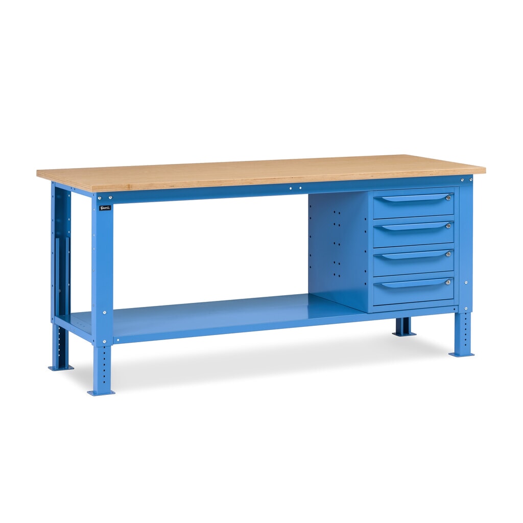 Fami Werkbank, höhenverstellbar u. 4 Schubladen, TK 1.000 kg, HxBxT 740-1.110 x 2.000 x 750 mm, RAL 5012 lichtblau Produktabbildung: Fami Werkbank, höhenverstellbar u. 4 Schubladen, TK 1.000 kg, HxBxT 740-1.110 x 2.000 x 750 mm, RAL 5012 lichtblau